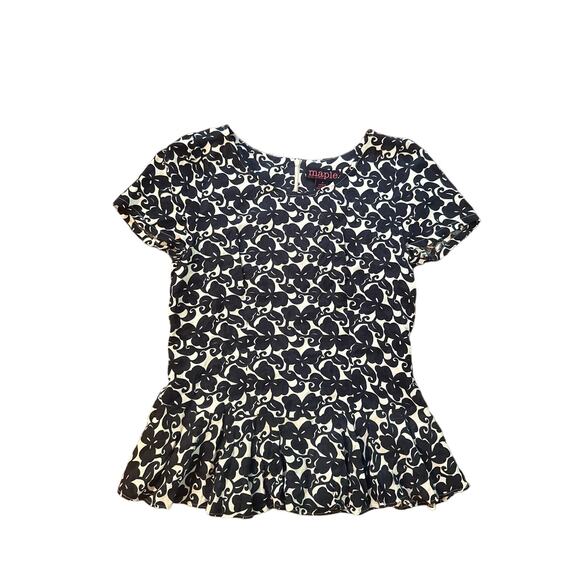 Women 4 Anthropologie Maple Printed Floral Puff Short Slv Blouse Shirt Top Navy - Picture 1 of 5